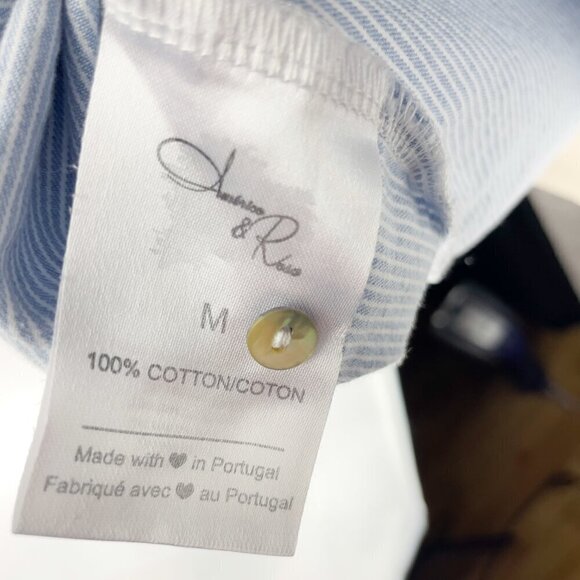 AMERCICO & ROSA Blue White Coastal PinStriped Ruffled Blouse Top Size M - Picture 6 of 7